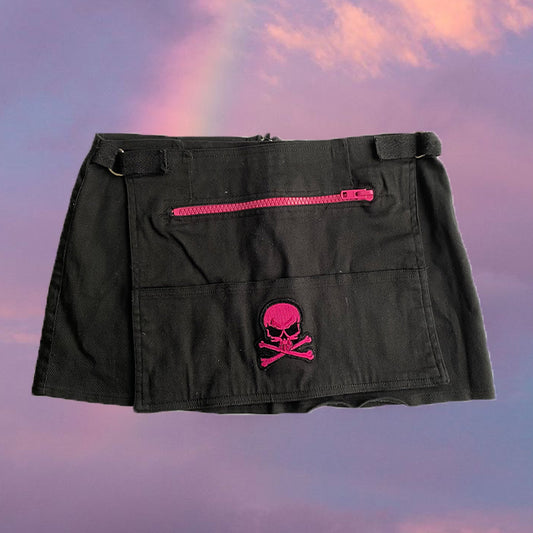 Vintage 90's Rave Goth Mini Skirt with Skull Embroidery and Attached Pocket (36 EU - 8 UK - 4 US)