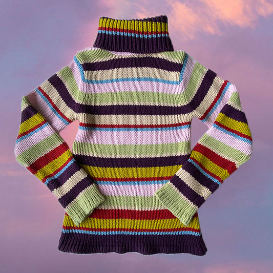 Vintage 90's Rainbow Striped Chunky Knit Rollneck Sweater (Size S/M)