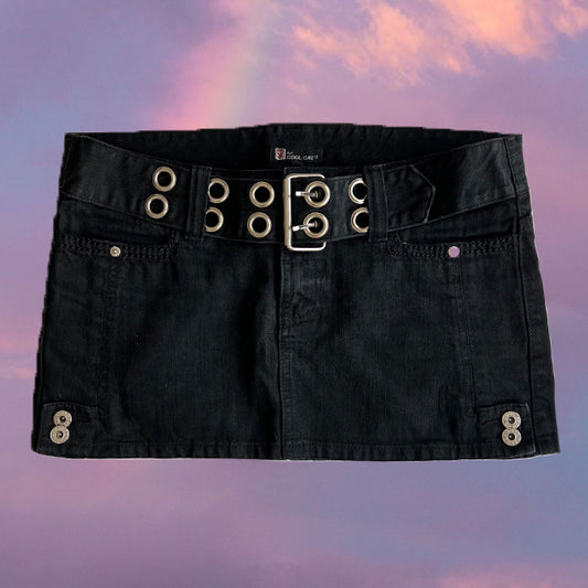 Vintage 90's Rockstar Low Waist Black Denim Miniskirt with Belt (38 EU / UK 10 / US 6)