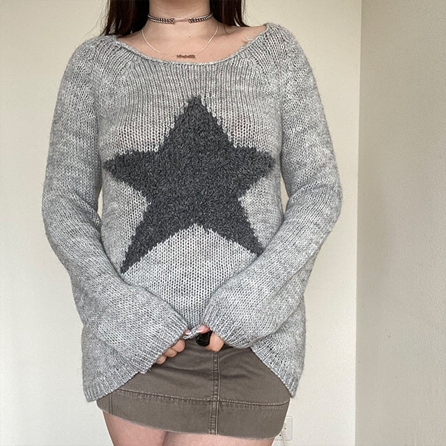 Vintage 90's Fairy Grunge Star Light Grey Sweater (XS/S/M Oversized Fit)