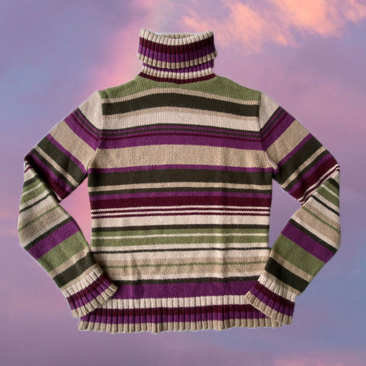 Vintage 90's Green Purple Beige Chunky Knit Striped Rollneck Sweater (S)