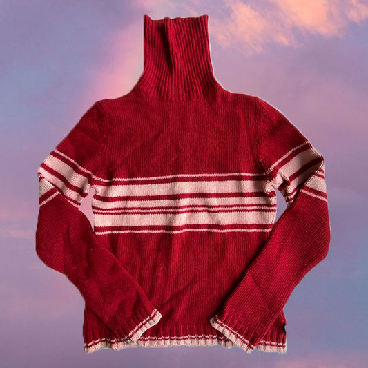 Vintage 90's Skater Red Rollneck Jumper with Pink Stripes (S/M)
