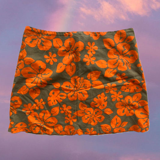 Vintage 90's Summer Hawaiian Orange and Khaki Skirt (34 EU / UK 6 / US 2)