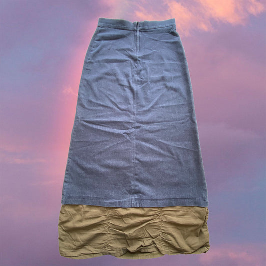 Vintage 90’s Archive Denim Maxi Skirt with Chinese Embroidery and Khaki Ruched Detail (36 EU / UK 8 / 4 US)