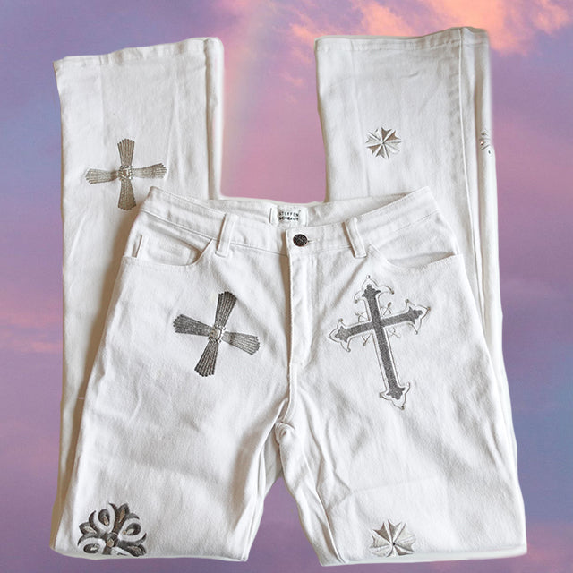 Vintage Y2K Rock Grunge Flare Jeans with Cross Embroidery (36 EU/UK 8)