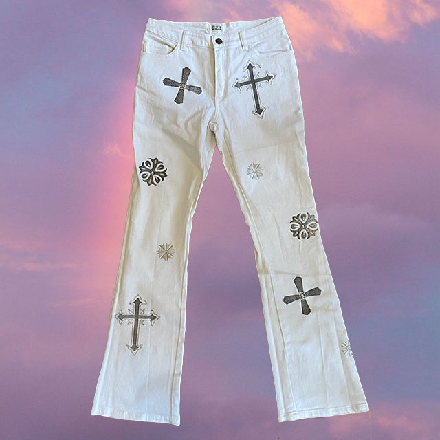 Vintage Y2K Rock Grunge Flare Jeans with Cross Embroidery (36 EU/UK 8)