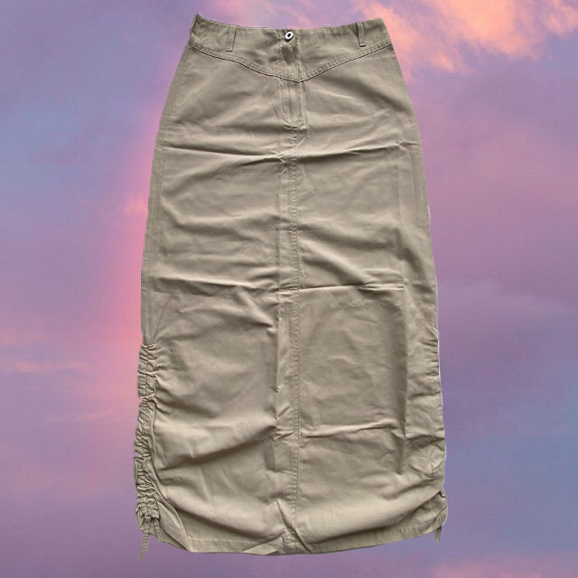 Vintage 90's Techwear Beige Maxi Cargo Skirt with Side Drawstrings (34 EU / UK 6 / US 2)