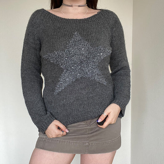 Vintage 90's Fairy Grunge Star Dark Grey Sweater (XS/S Oversized Fit)