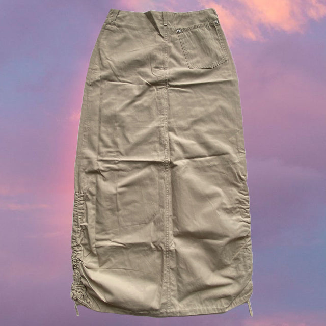 Vintage 90's Techwear Beige Maxi Cargo Skirt with Side Drawstrings (34 EU / UK 6 / US 2)