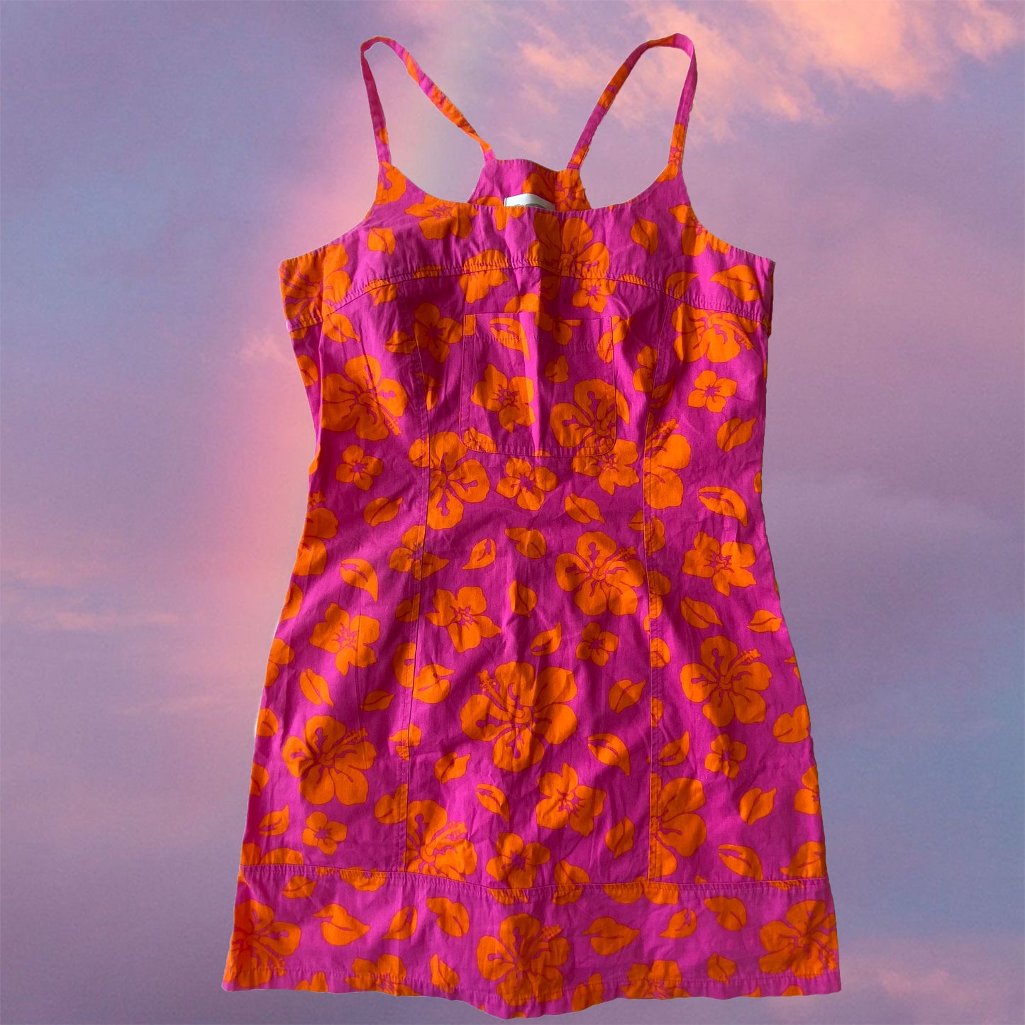 Vintage 90’s Summer Hot Pink Dress with Orange Hibiscus Print (S/M)