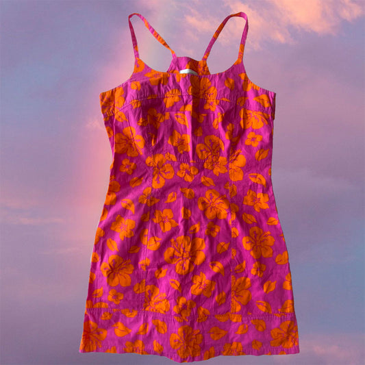 Vintage 90’s Summer Hot Pink Dress with Orange Hibiscus Print (S/M)