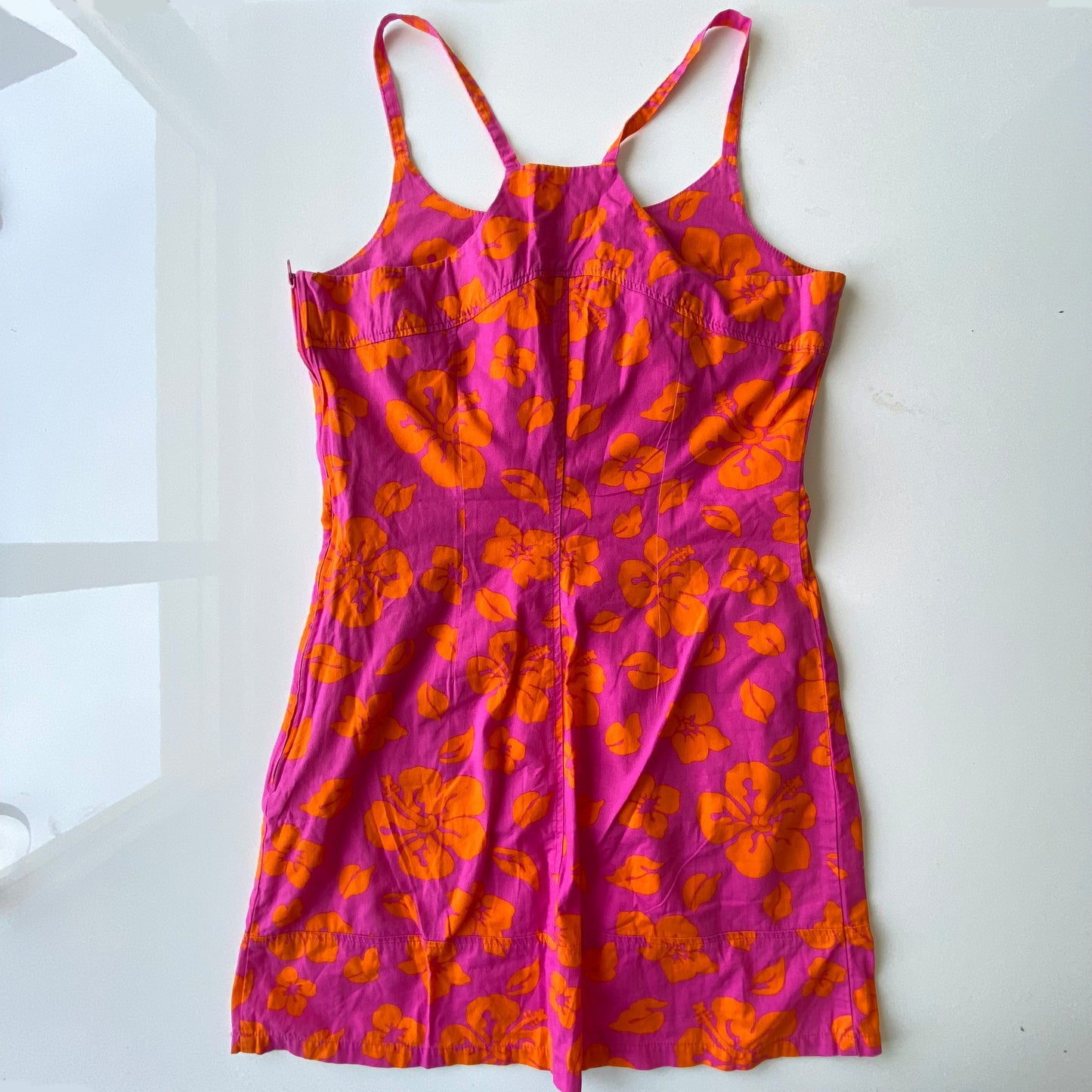 Vintage 90’s Summer Hot Pink Dress with Orange Hibiscus Print (S/M)