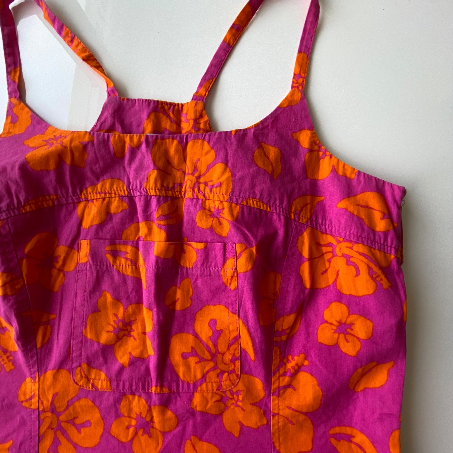 Vintage 90’s Summer Hot Pink Dress with Orange Hibiscus Print (S/M)