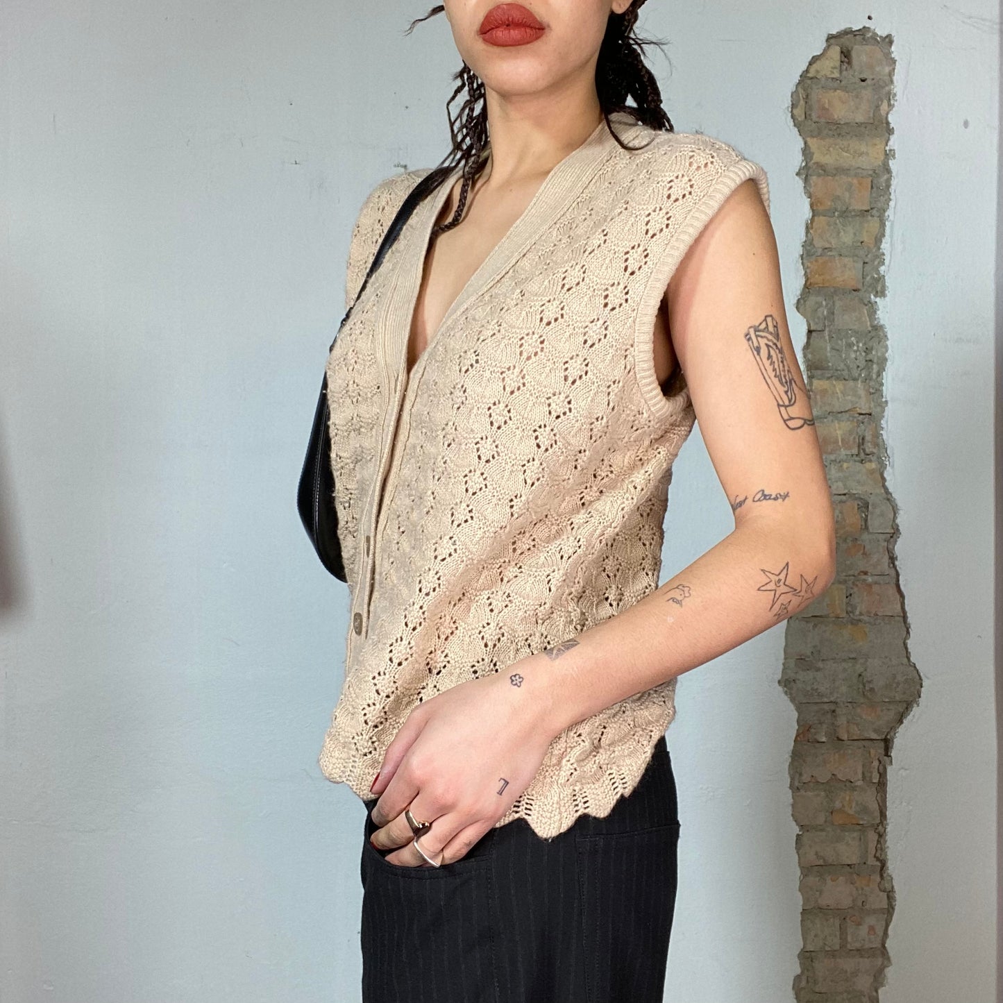 Vintage 90's Whimsigoth Beige Knit Button Up Sweater Vest (M)