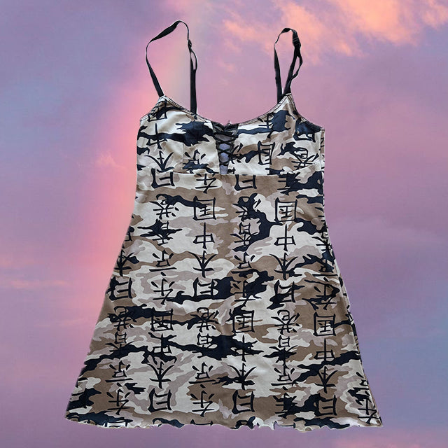 Vintage 90’s Funky Camo Slip Dress with Chinese Letter Print (S/M)