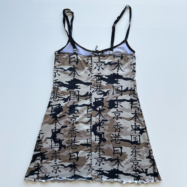 Vintage 90’s Funky Camo Slip Dress with Chinese Letter Print (S/M)