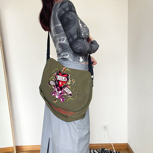 Vintage Y2K Ed Hardy Khaki Messenger Bag