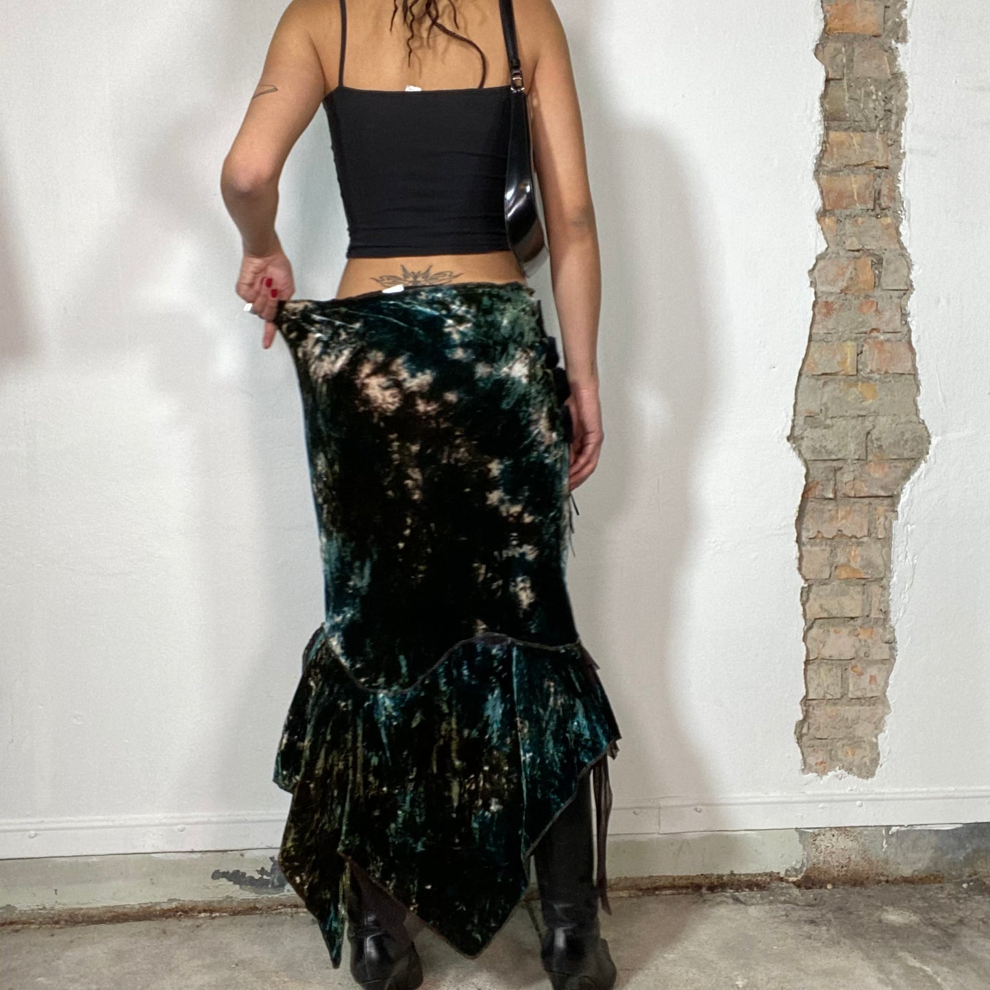 Vintage 2000's Whimsigoth Green Batik Velvet  Maxi Skirt with Lace and Lace Up Detail (M/L)