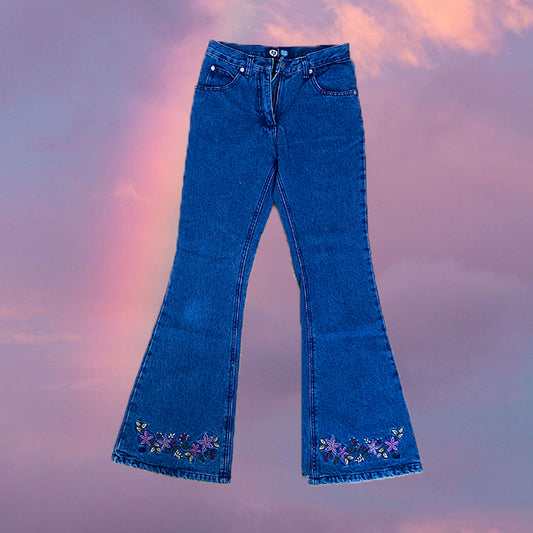 Vintage 90's Hippie Flared Jeans with Flower Embroidery (XS)