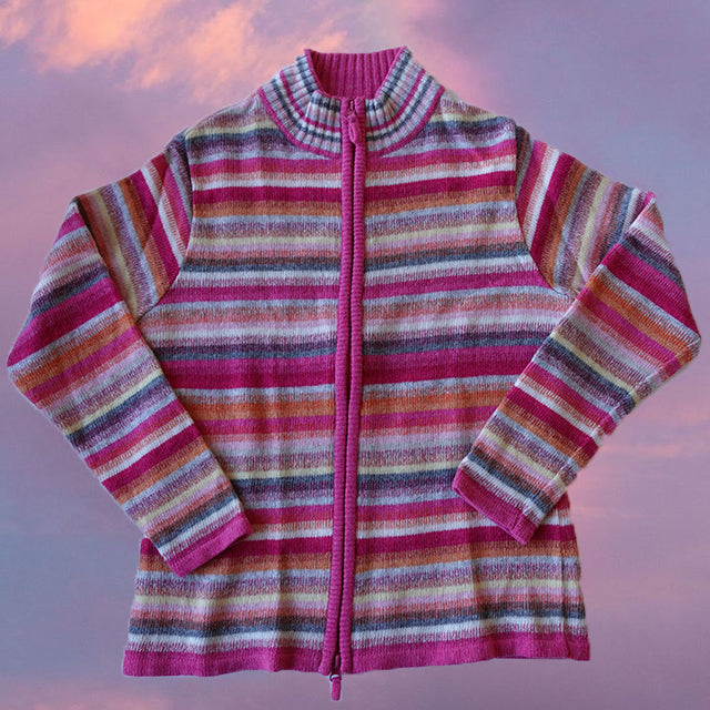 Vintage 90's Skater Rainbow Striped Chunky Knit Zip Up (S/M)