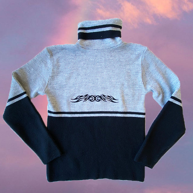 Vintage 90's Skater Grey and Black Rollneck with Tribal Embroidery (S/M)