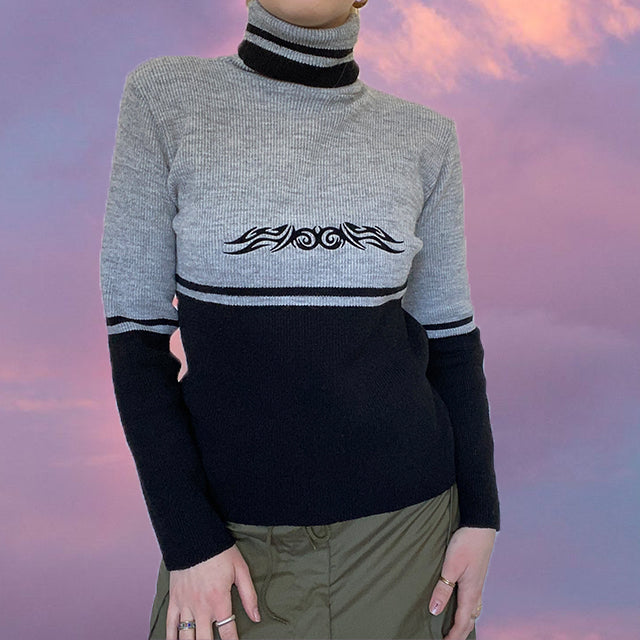 Vintage 90's Skater Grey and Black Rollneck with Tribal Embroidery (S/M)