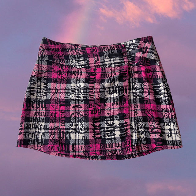 Vintage 90's Goth Pink Plaid Skirt with Text Detail (36 EU - 8 UK - 4 US)