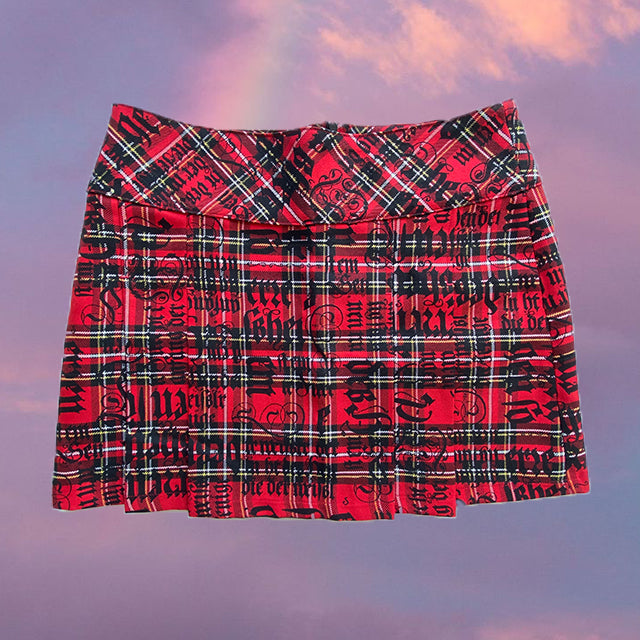 Vintage 90's Goth Red Plaid Skirt with Text Detail (36 EU - 8 UK - 4 US)