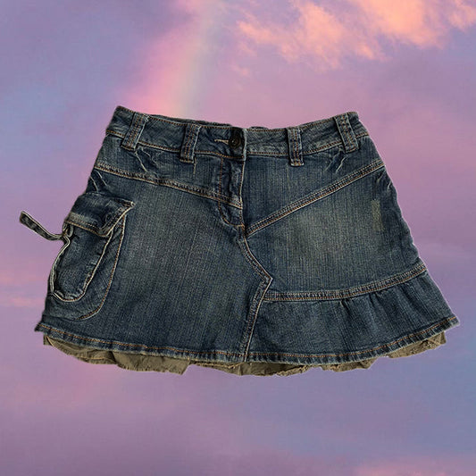 Vintage Y2K Fairy Grunge Denim Mini Skirt with Pocket Detail (34 EU / 6 UK / 2 US)