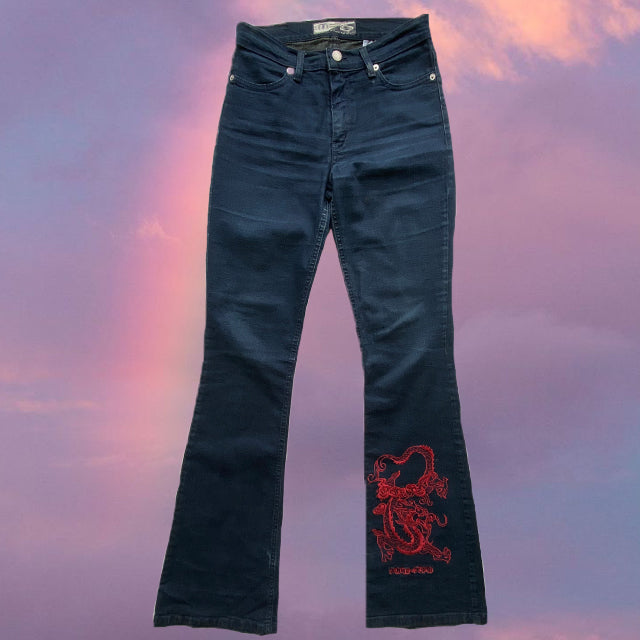 Vintage 90's Low Waist Flare Jeans with Red Dragon Embroidery (36 EU / UK 8 / US 4)