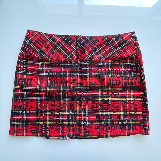 Vintage 90's Goth Red Plaid Skirt with Text Detail (36 EU - 8 UK - 4 US)