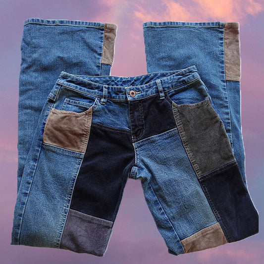 Vintage Y2K Low Waist Flared Jeans with Cord Patchwork (36 EU / UK 8)