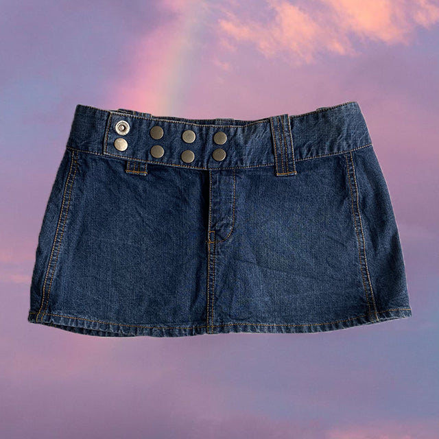 Vintage Y2K Cyber Low Waist Denim Mini Skirt with Stud Belt Detail (36 EU / 8 UK / 4 US)