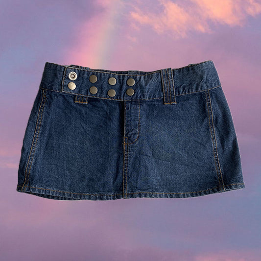 Vintage Y2K Cyber Low Waist Denim Mini Skirt with Stud Belt Detail (36 EU / 8 UK / 4 US)