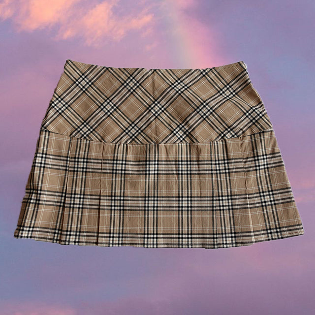 Vintage 90's Preppy Rachel Green Pimkie Beige Pleated Plaid Mini Skirt (38 EU / 10 UK)