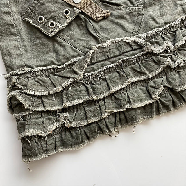 Vintage 90's Fairy Grunge Khaki Cargo Mini Skirt with Ruffles (36 EU / UK 8 / US 4)