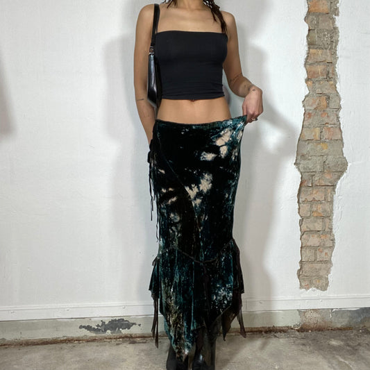 Vintage 2000's Whimsigoth Green Batik Velvet Maxi Skirt with Lace and Lace Up Detail (M/L)