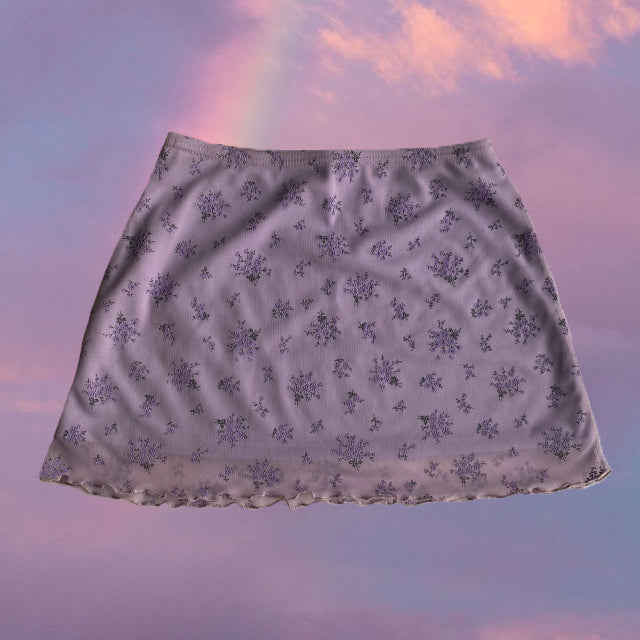 Vintage 90's Romantic Purple Ditsy Floral Mesh Overlay Mini Skirt (XS)