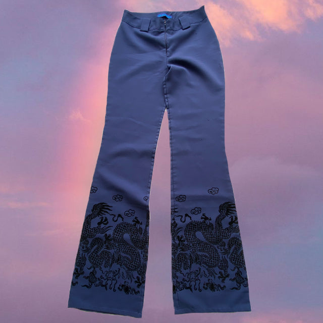 Vintage 90's Funky Blue Flared Pants with Velvet Dragon Detail (36EU - 8 UK - 4 US)