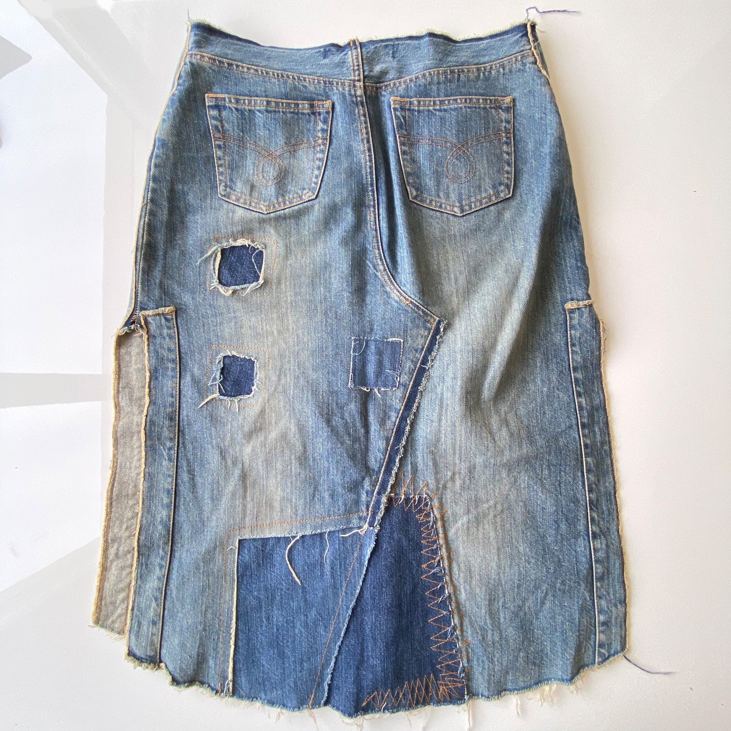 Vintage Y2K Hippie Denim Midi Skirt with Patchwork and Side Slits (38 EU / UK 10 / US 6)