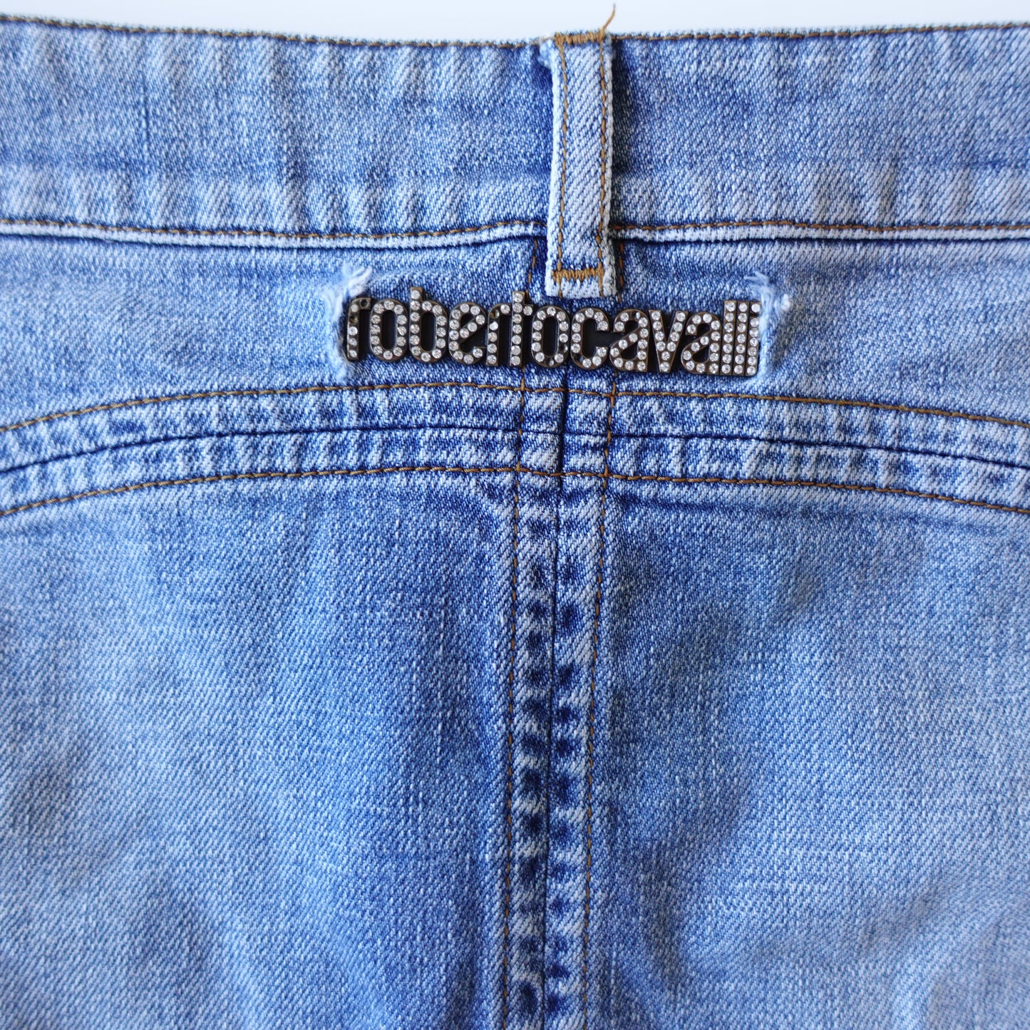 Vintage Y2K Roberto Cavalli Denim Skirt with Diamante Logo (L)