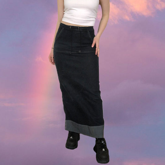 Vintage 90's Sporty Denim Cargo Maxi Skirt with Waist Toggles (S)