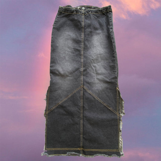 Vintage 90's Hippie Boho Denim Maxi Skirt with Lace Up Waist (36 EU / UK 8 / US 4)