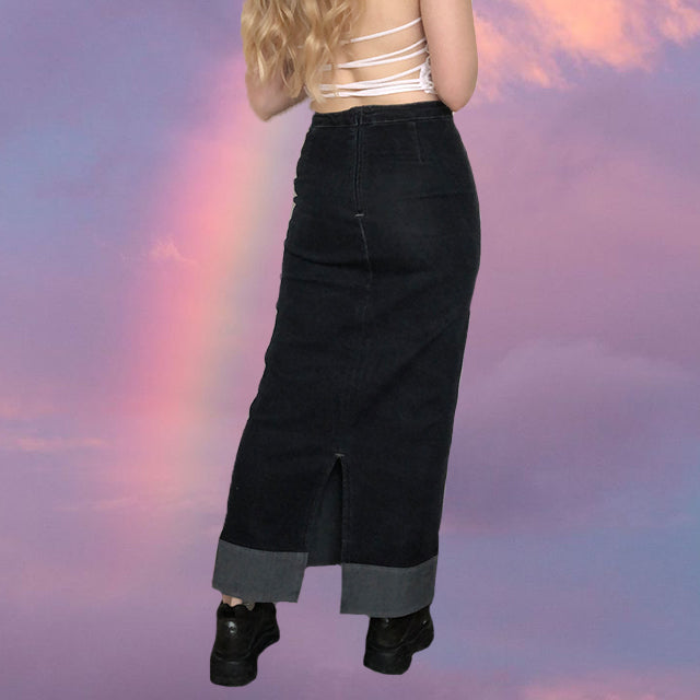 Vintage 90's Sporty Denim Cargo Maxi Skirt with Waist Toggles (S)