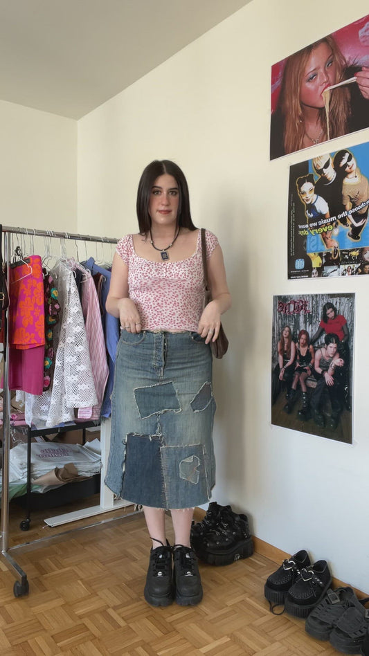 Vintage Y2K Hippie Denim Midi Skirt with Patchwork and Side Slits (38 EU / UK 10 / US 6)