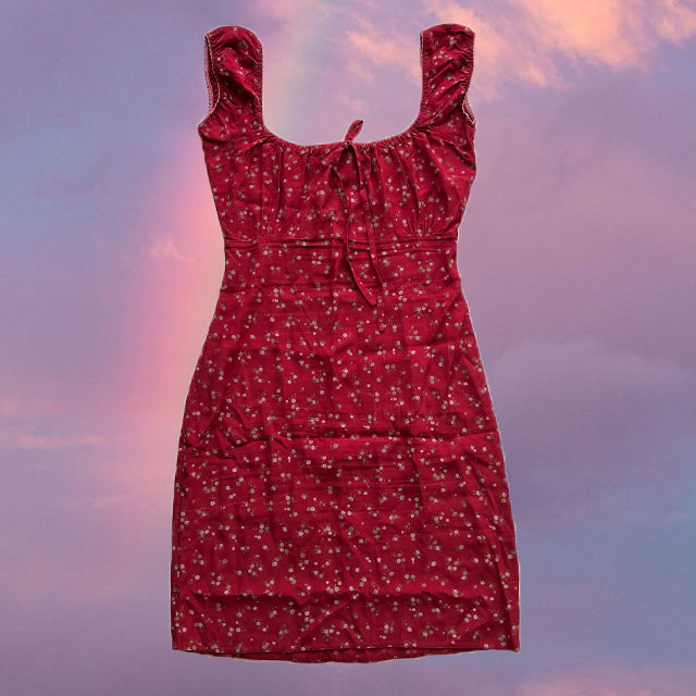 Vintage 90's Romantic Red Floral Milkmaid Dress (38 EU / UK 10 / US 6)