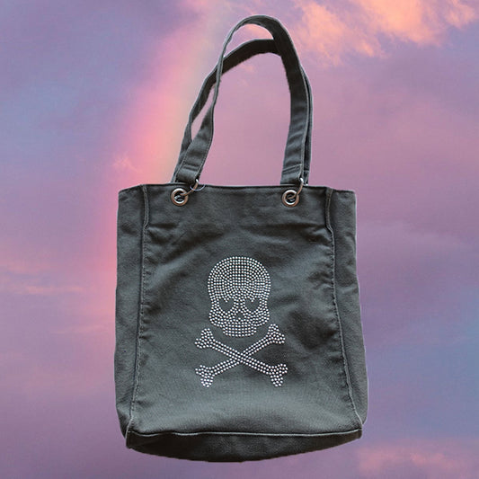 Vintage Y2K Fairy Grunge Khaki Tote Bag with Skull Detail
