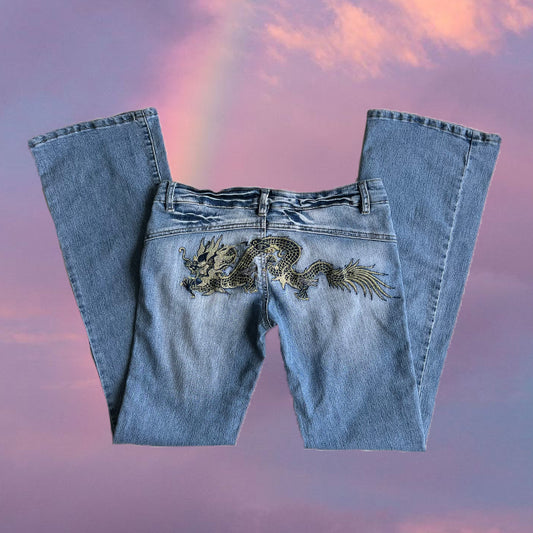 Vintage Y2K Cyber Low Waisted Flared Jeans with Dragon Embroidery (36 EU / UK 8 / US 4)