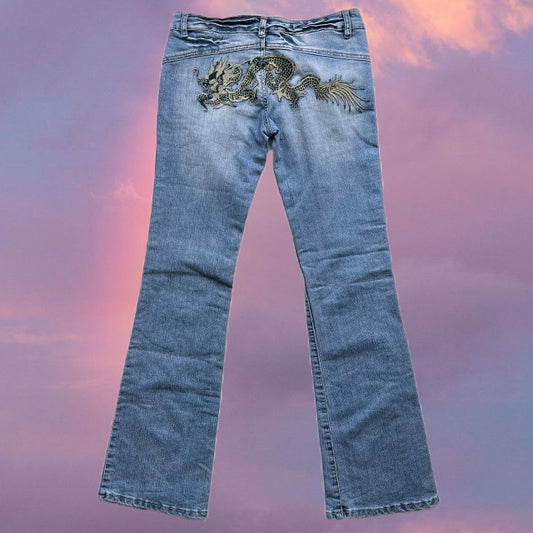 Vintage Y2K Cyber Low Waisted Flared Jeans with Dragon Embroidery (36 EU / UK 8 / US 4)