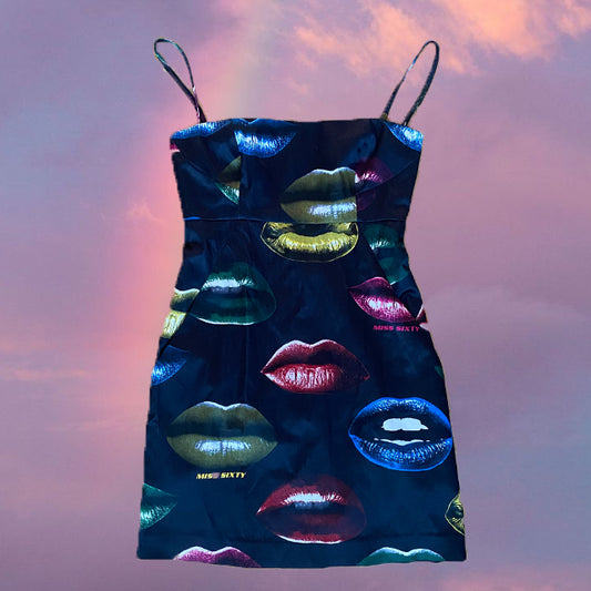 Vintage 90's Archive Miss Sixty Black Cocktail Dress with Lip Print (M)